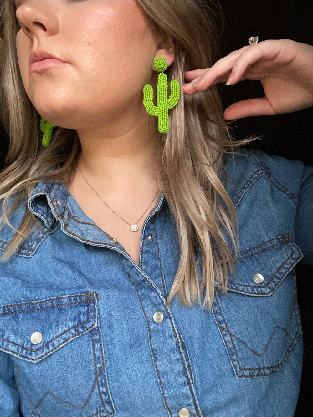 Lime Green Felt Cactus Beaded Earrings - Picture 3 of 3